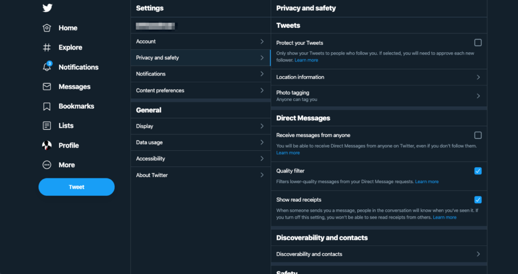 A screenshot of the Privacy and Safety settings for Twitter (in dark mode)