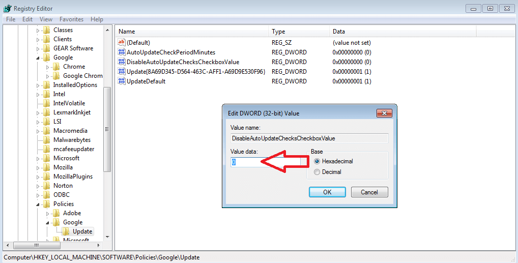 Registry editor showing a window to edit the value