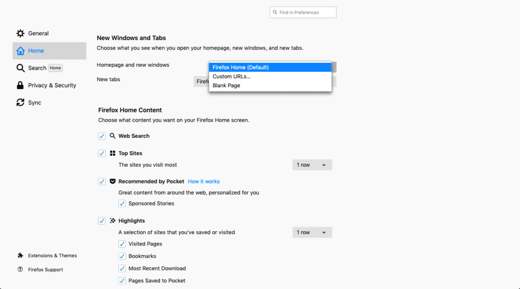 A screenshot of the Firefox settings for setting your browser homepage