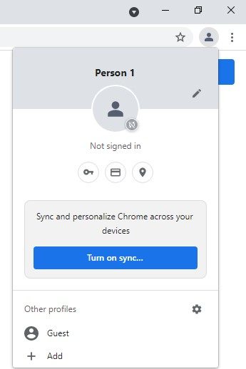 A screenshot of a Google Chrome profile menu. 