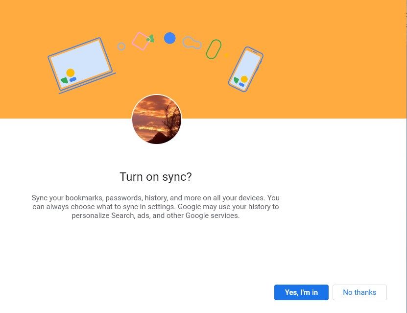 A screenshot of the confirmation page for Google account "turn on sync".