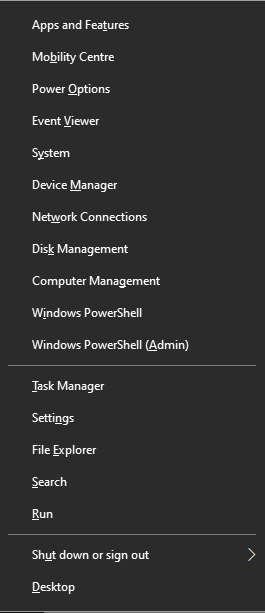 A screenshot of the hidden menu on Windows 10.