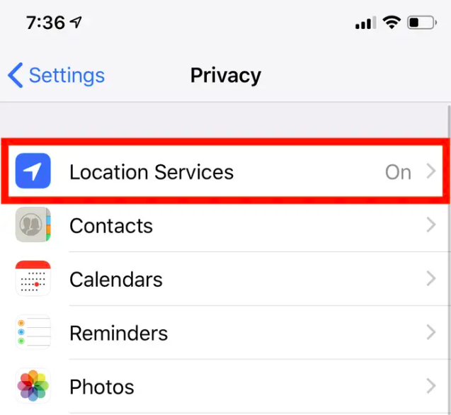 A screenshot of the Location Services on an iPhone.