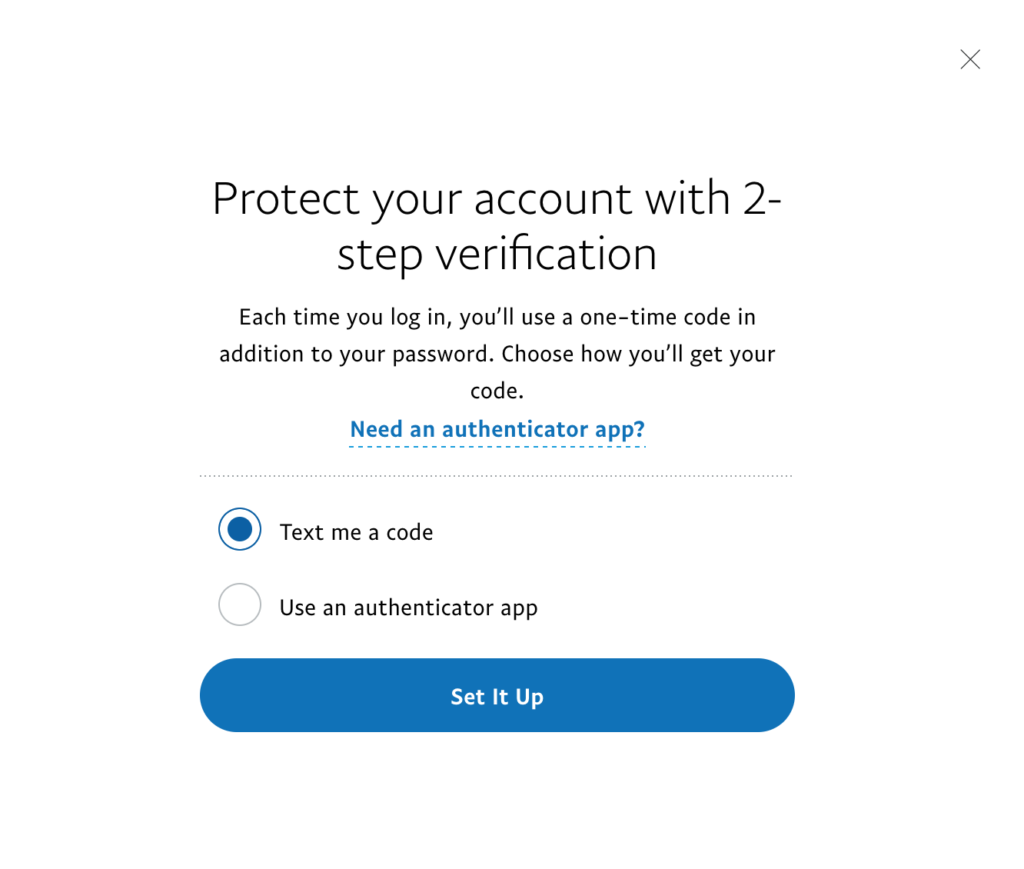 A screenshot of setting up two-factor authentication on Paypal. "Text me a code".