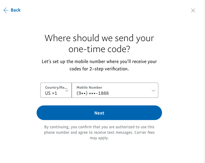 Setting up your phone number on Paypal's two-factor authentication setup.