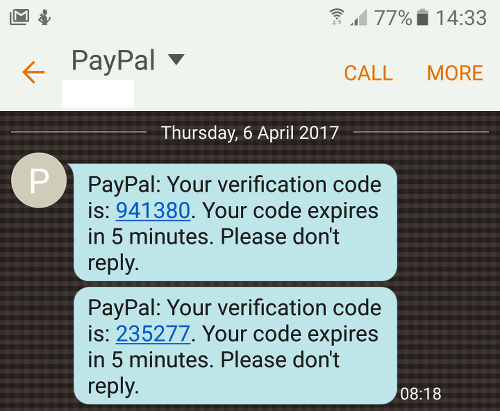 Receiving the text message during Paypal's two-factor authentication setup.