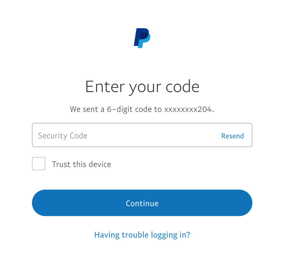 Entering the security code sent via SMS during Paypal's two-factor authentication setup.