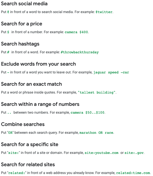 A screenshot of Boolean Search commands.
