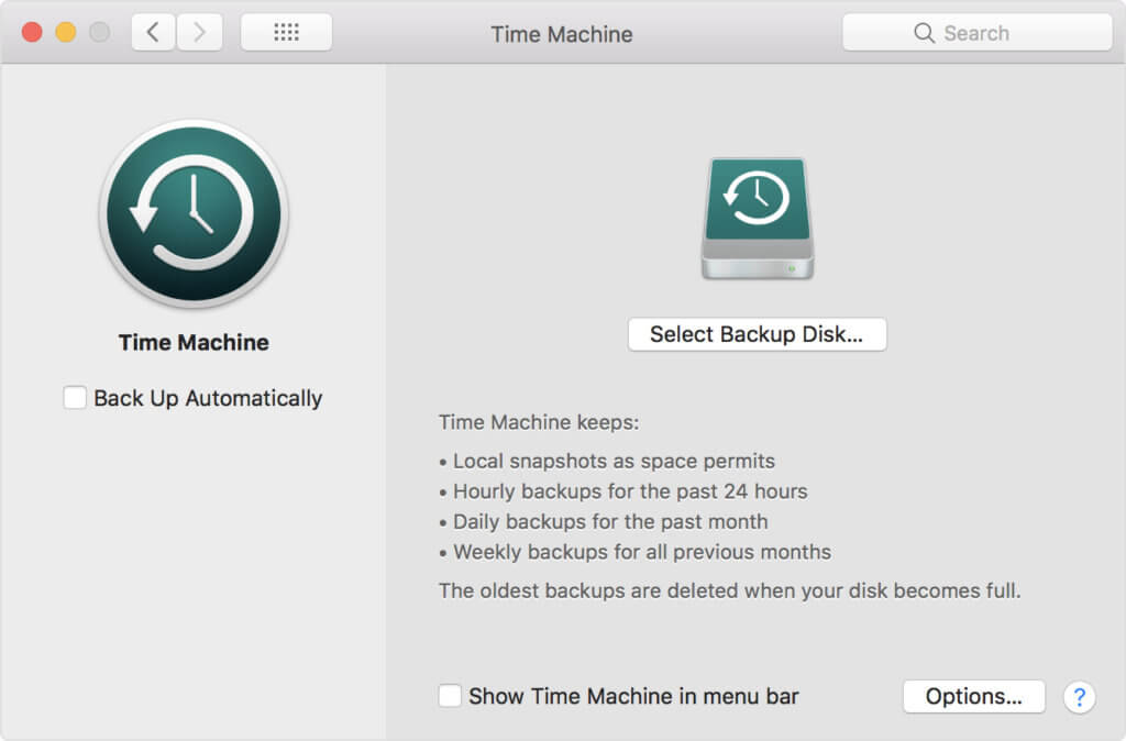 A screenshot of the main Time Machine page and its options