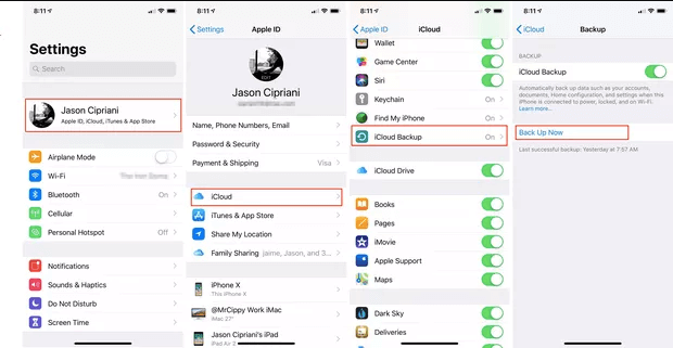 An image of the iPhone settings to activate and connect to iCloud in order to back up your iPhone photos.