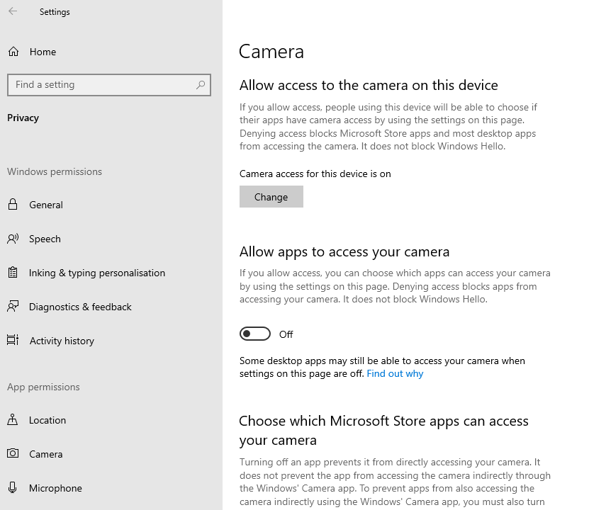 Screenshot of webcam settings in Windows 10