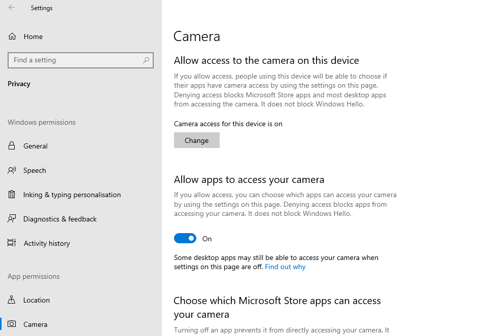 Screenshot of webcam settings in Windows 10