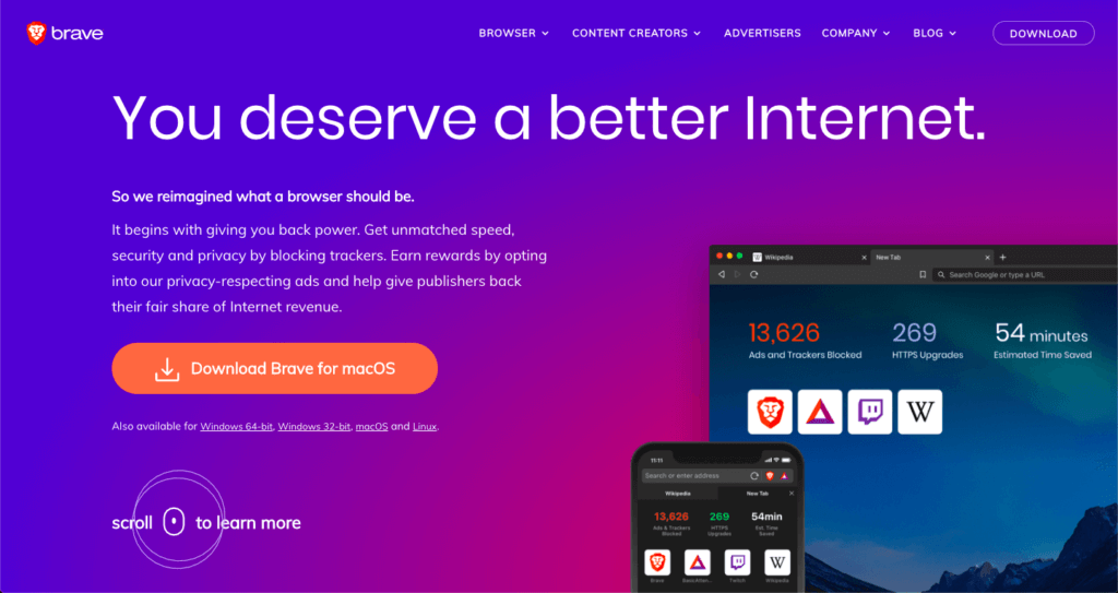 A screenshot of the Brave Browser homepage and header