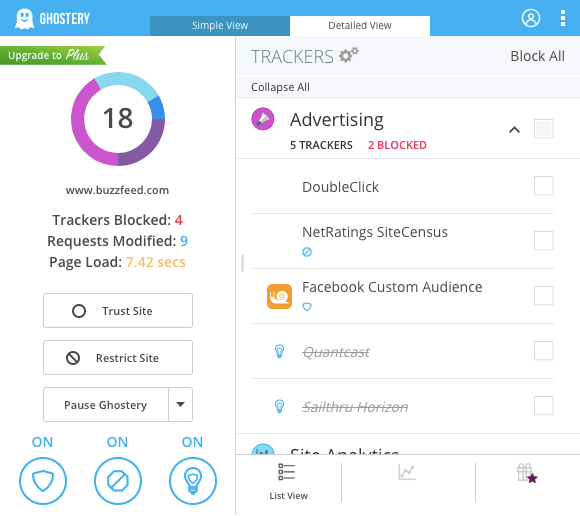 A screenshot of the user interface for Ghostery