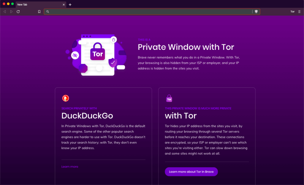 A screenshot of the Brave browser and you decide to search the internet with Tor or with DuckDuckGo. 