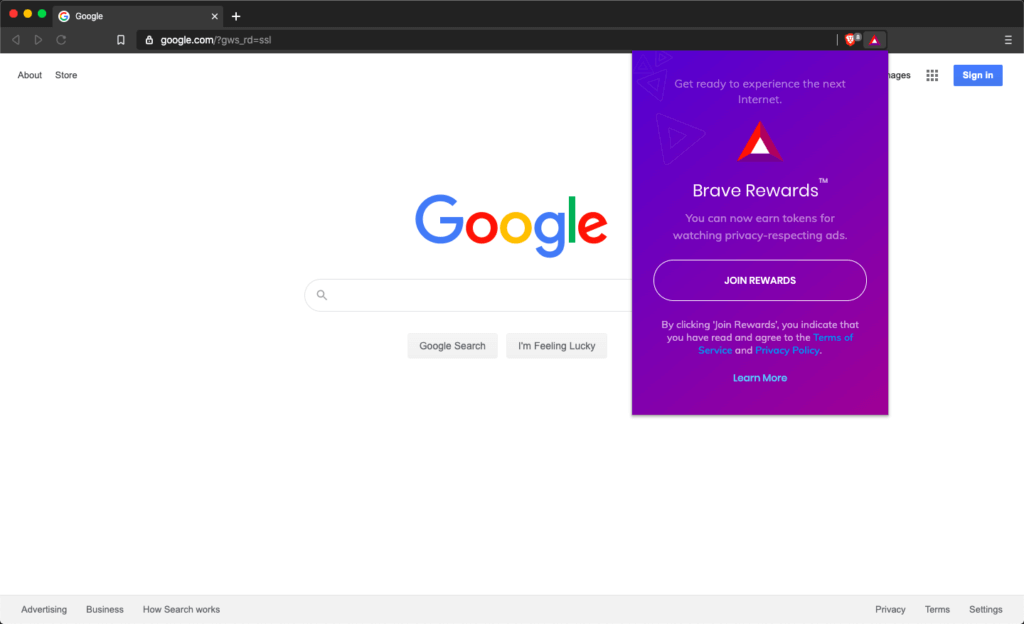 A screenshot of the Brave browser where you can opt into the ads that respect privacy.