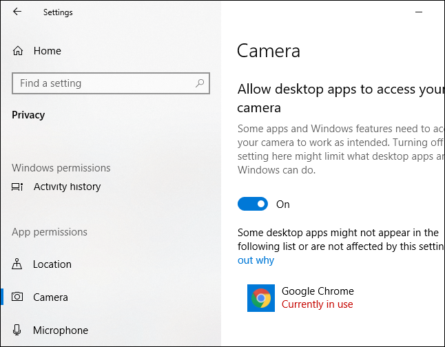 A screenshot of the camera permissions settings in Windows 10