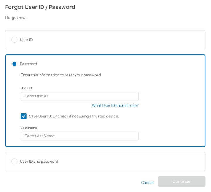AT&T password reset screen