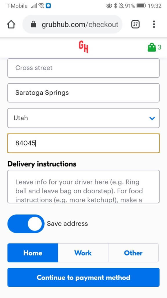 Image of Grubhub's website showing a box to add delivery instructions and a button to continue to payment.