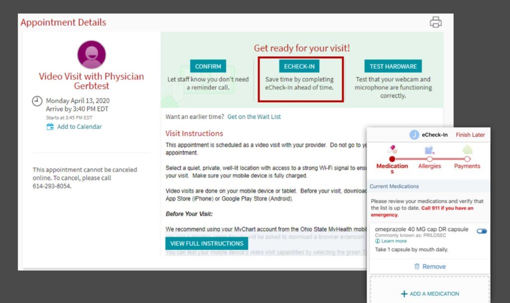 A screenshot of echeck-in online with MyChart.