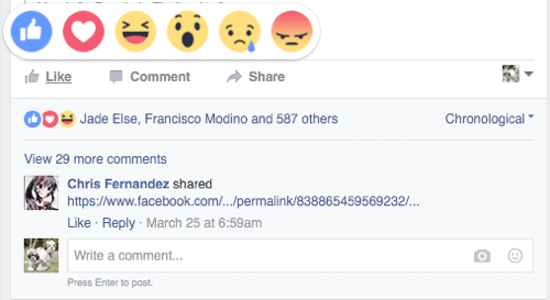 A screenshot of a Facebook comment with its reactions.