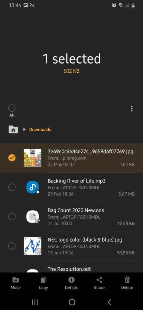 A screenshot of the phone's menu of files and selecting one file.