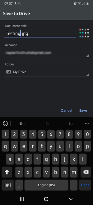 A screenshot of the phone's menu to saving a file to My Drive.