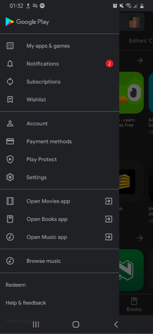 A screenshot of the phone's Google Play menu.