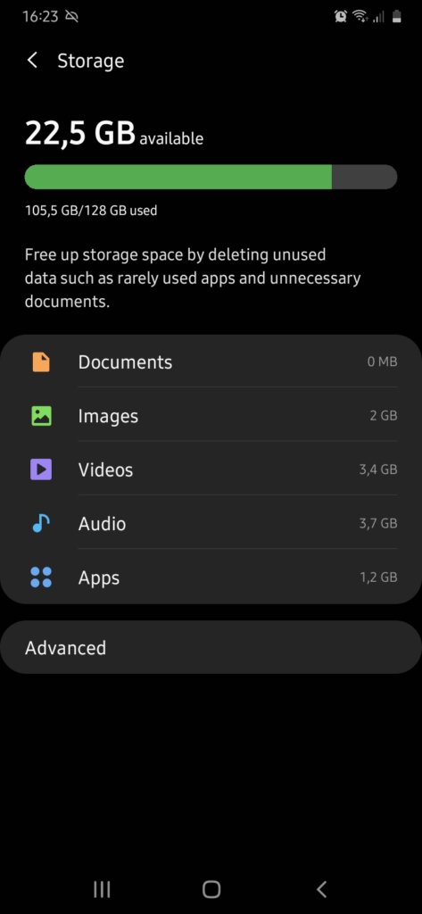 A screenshot of the phone's storage settings.