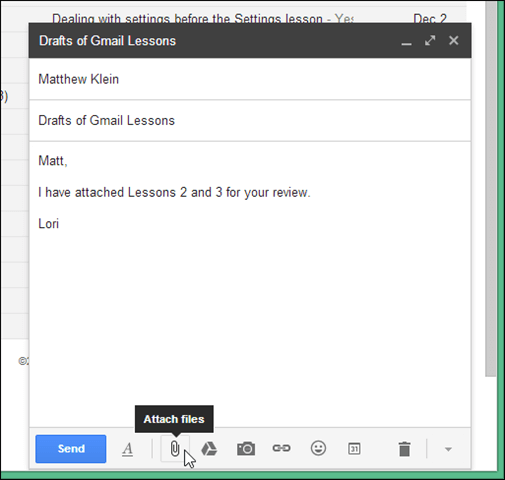 A screenshot of clicking the right button in Gmail in order to attach a file to an email
