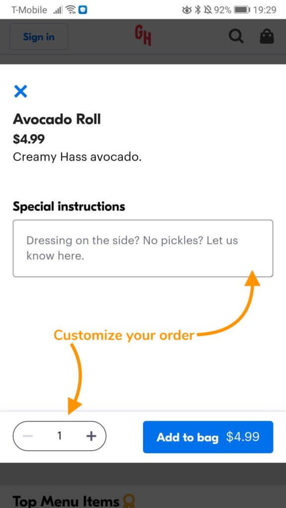 Image of Grubhub's website highlighting the input box to write any special meal instructions and a quantity selector if you'd like more than 1.