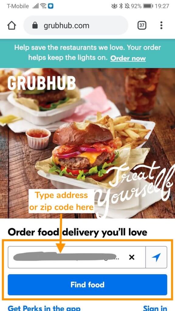 Image of Grubhub's website highlighting the input box where you enter your address or zip code and the button to press to see the restaurant list.