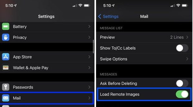 A screenshot of Apple Mail settings and highlighted is "Load Remote Images" with the on/off toggle next to it.