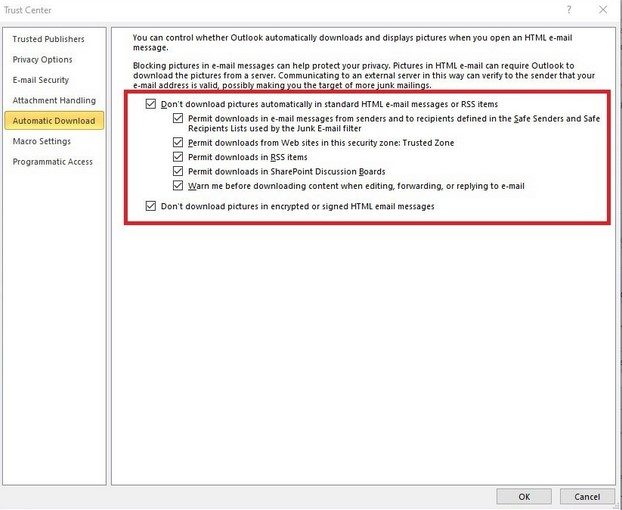 A screenshot of the Automatic Download settings in Microsoft Outlook.