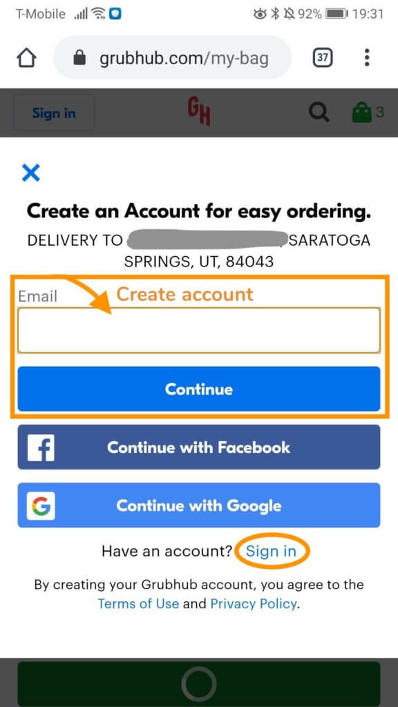 Image of Grubhub's website highlighting the form to fill in if you'd like to create an account and the sign in button, if you'd like to sign in instead.