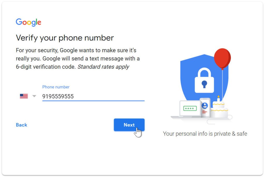 A screenshot of the "Verify your phone number" page for Google account creation.