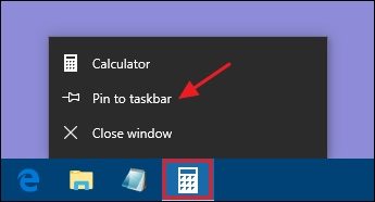 A screenshot of the Windows 10 Taskbar and pinning a calculator to the taskbar.
