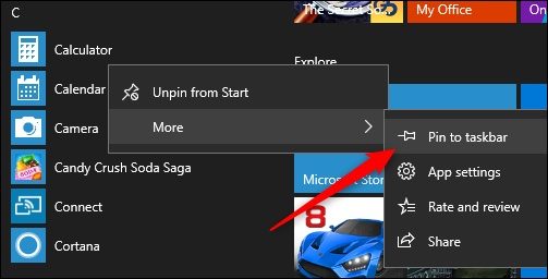 A screenshot of the Windows 10 Taskbar and pinning an app to the taskbar from the Windows menu.