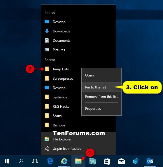 A screenshot of the Windows 10 Taskbar and pinning a folder to the taskbar. 