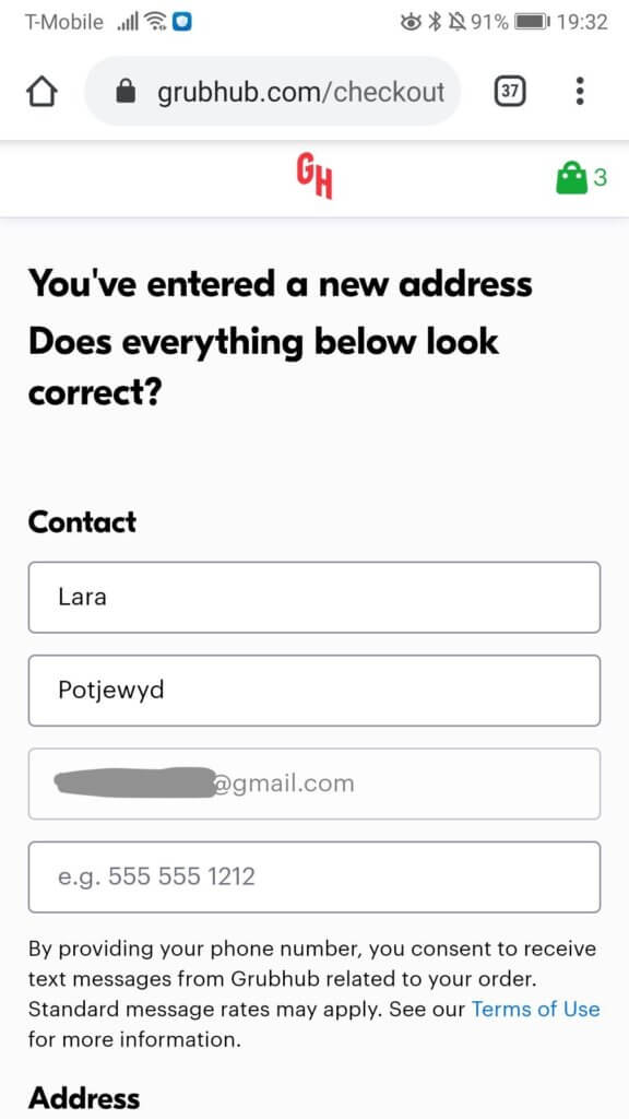 Image of Grubhub's website showing the contact form to fill in or correct.