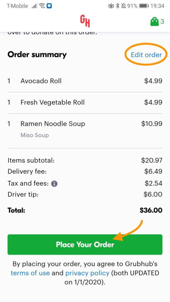 Image of Grubhub's website highlighting the 'edit order' button, as a last chance to make changes, and then a 'place order' button at the bottom of the screen.