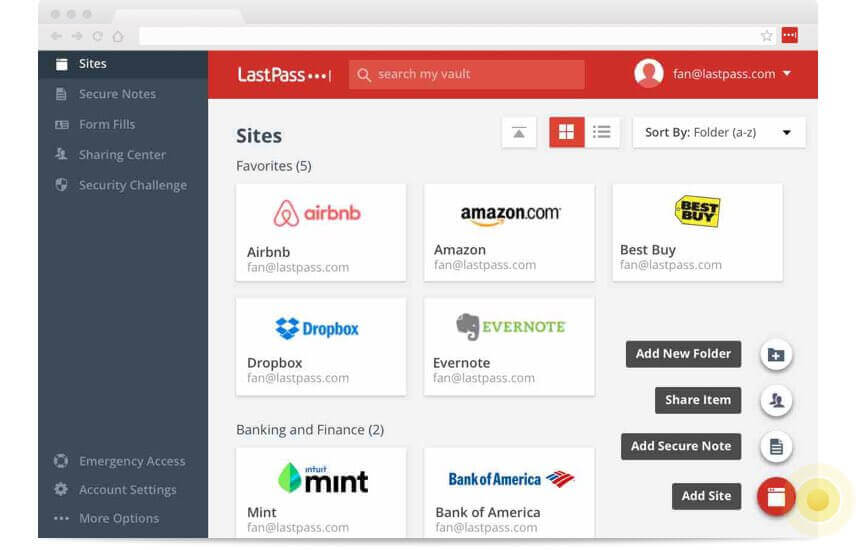 A screenshot of the LastPass interface, which also uses a browser extension.