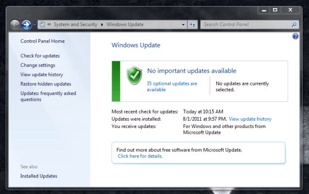 A screenshot of a Windows Update menu in Control Panel Home