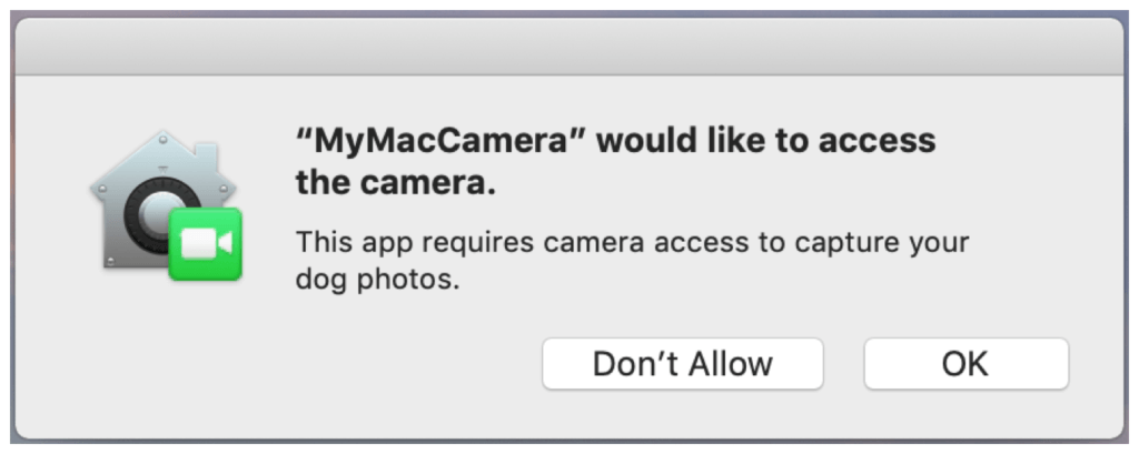 A message on macOS from MyMacCamera requesting app permission to use the camera on macbook