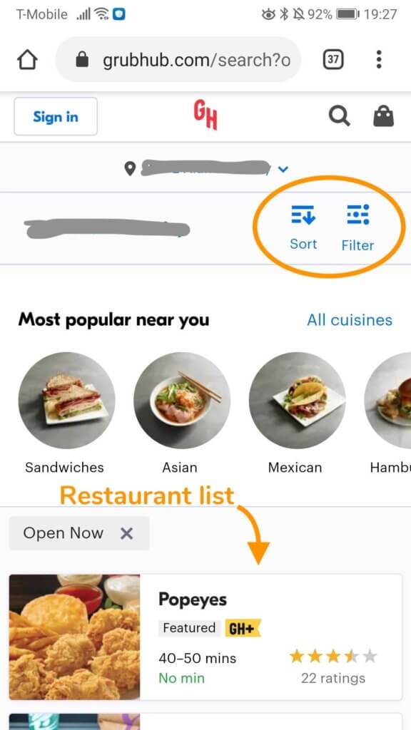 Image of Grubhub's website highlighting the options to sort and filter the restaurant list.