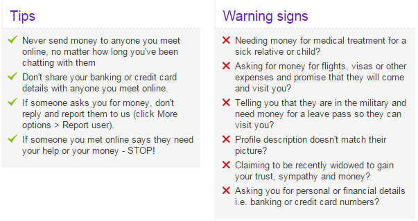 An infographic about Tips and Warning signs of online scams