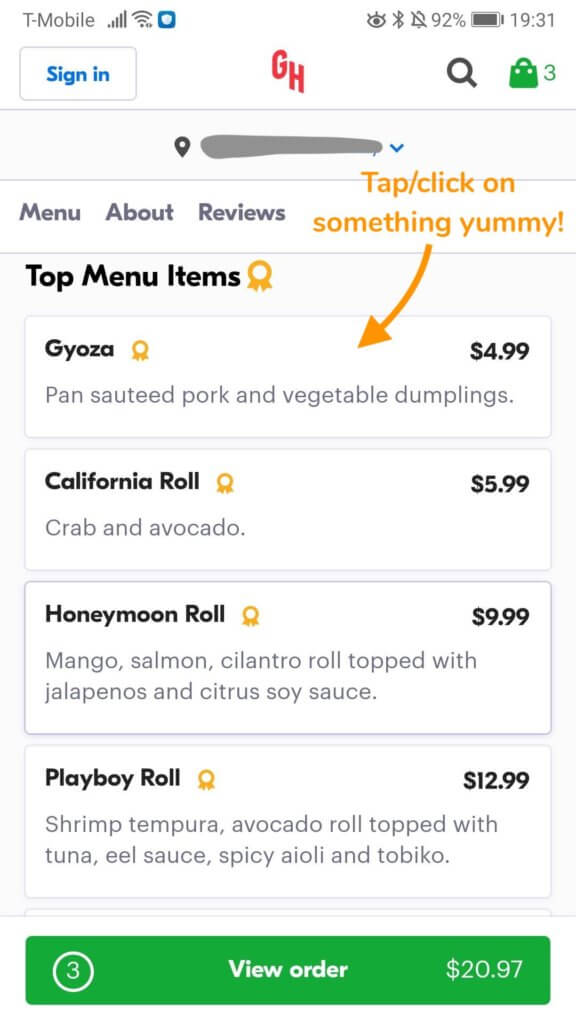 Image of Grubhub's website highlighting where to click to select an item when on a restaurants menu.