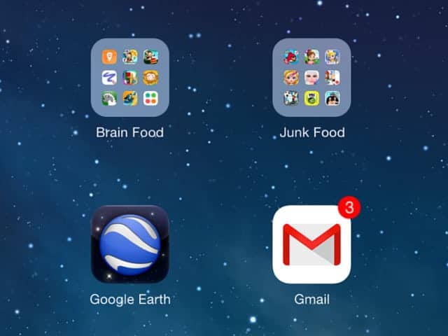 A screenshot of apps on a phone organized into intelligence building apps and "junk food" apps, apps that provide no educational value