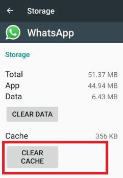 A screenshot of WhatsApp storage settings and how to clear the cache or data