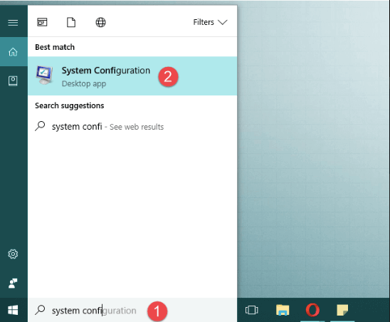 A screenshot of finding the System Configuration through search in Windows 10